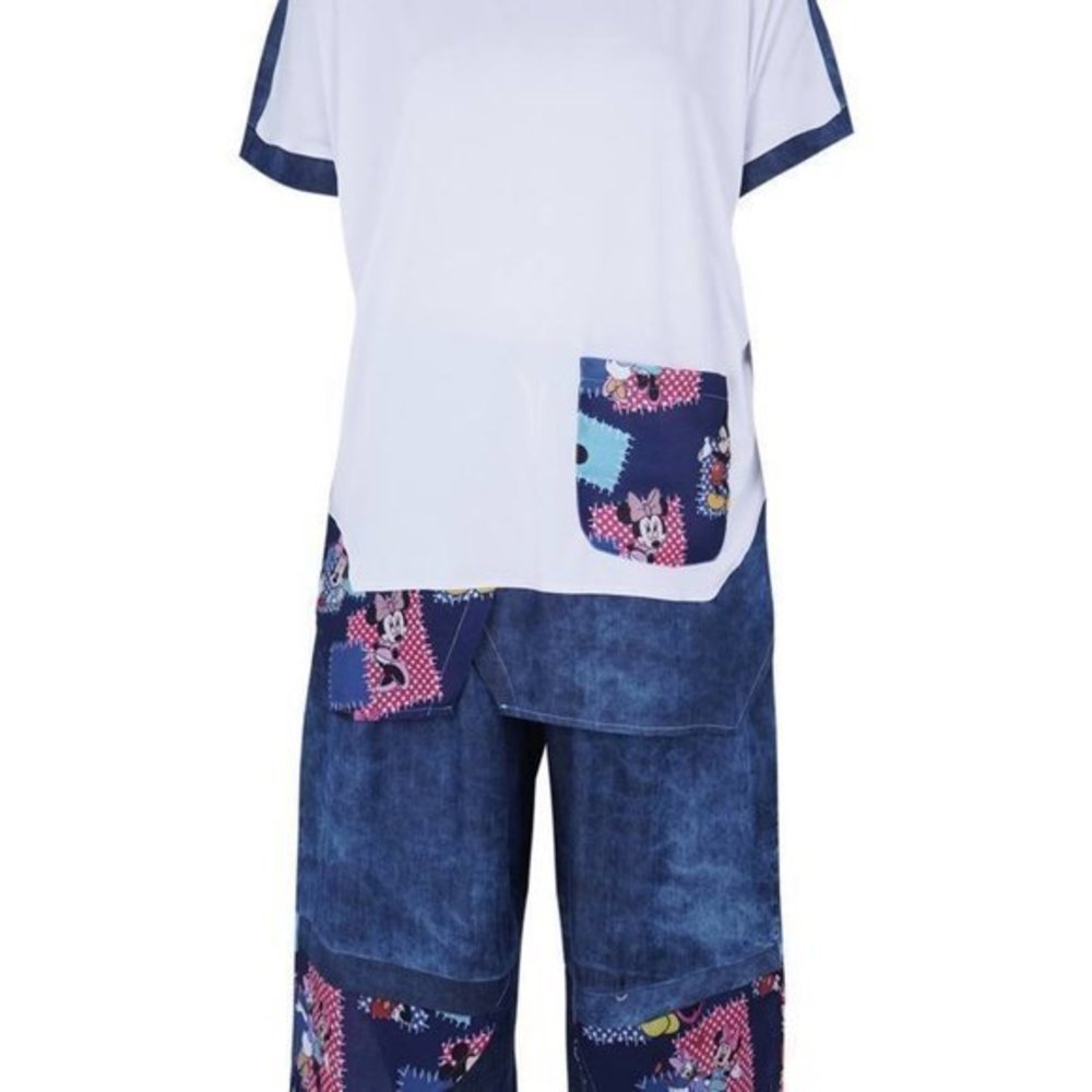 Designer white and blue patchwork pants suit set large sizes elastic waist